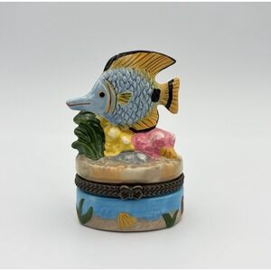 Vintage Porcelain Hinged Trinket Box Tropical Angelfish Ocean Coral Sea 3.25"